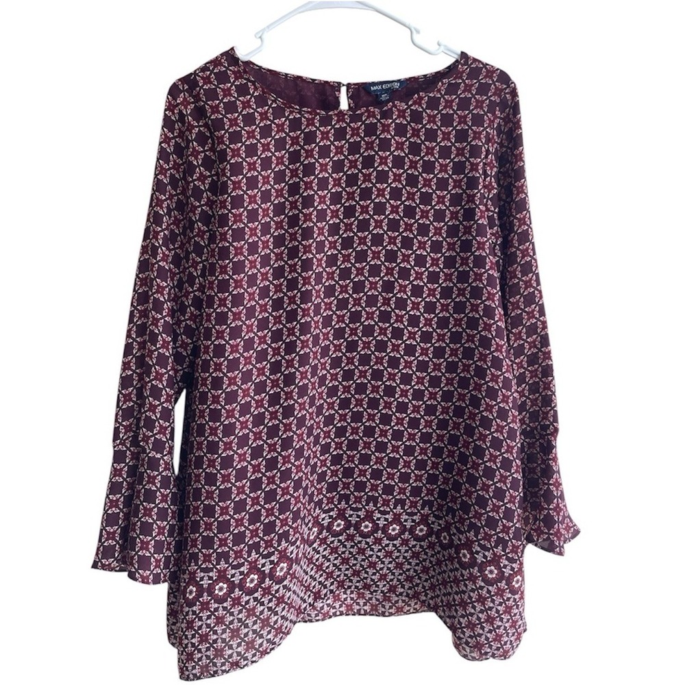 Max Edition Tunic Blouse Top Burgundy Geo Top 3/4 Bell Sleeve Woamn's Med Petite